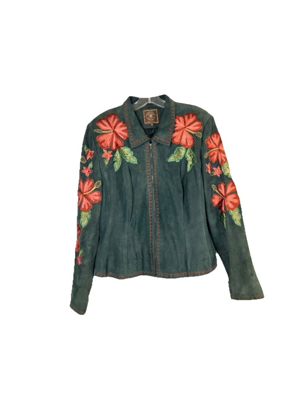 M Double D Ranch Floral Embroidery Zip Jacket Green Suede Leather